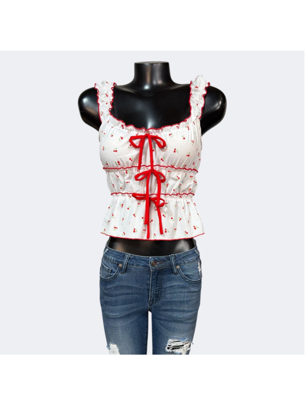 Sugarkiss Cherry Print Milkmaid Crop Top sz Small White Red Preppy Cottagecore